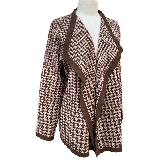 Dennis Basso Houndstooth Cardigan Brown Long Dark Academia Preppy Old Money-L - Picture 1 of 13